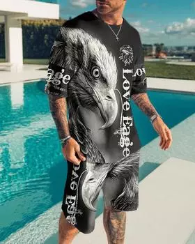Комплект мужской одежды, летний наряд, футболка с 3D принтом, шорты, спортивный костюм большого размера, повседневный спортивный костюм Love Eagle, костюм из 2 предметов S