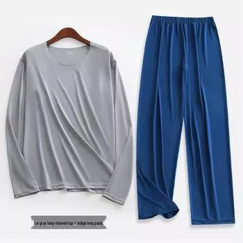 Комплект мужской пижамы из жидкого ледяного шелка, ультратонкий - Весенне-летний топ с длинным рукавом и брюки длиной 9/9, высокоэластичная домашняя одежда XL / 52.5-62.5 kg