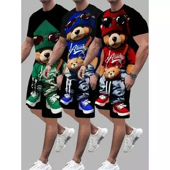 Комплект мужской повседневной спортивной одежды из 2 предметов: футболка из полиэстера с круглым вырезом, короткими рукавами и шорты на шнурке, стандартный крой, с 3D-принтом мультяшного медведя, с карманами S