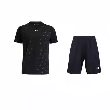 Комплект мужской спортивной одежды Under Armour свободного кроя с принтом: футболка и тренировочные шорты. Черный цвет. 21500201-001+21500531-001 S