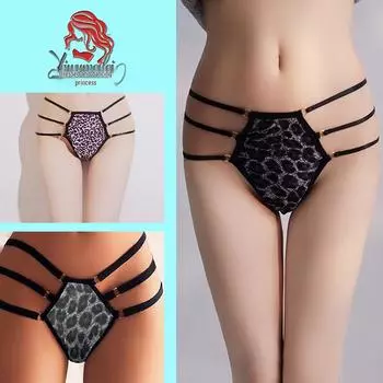 Комплект нижнего белья большого размера с леопардовым принтом на бретелях, с Т-стрингами и ажурным дизайном M (90-110 lbs)