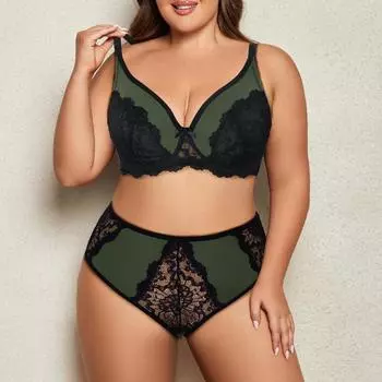 Комплект нижнего белья большого размера, сексуальный кружевной бюстгальтер со стальным кольцом, полупрозрачные трусики, нижнее белье больших размеров 0Xl-5Xl 0XL зелёный