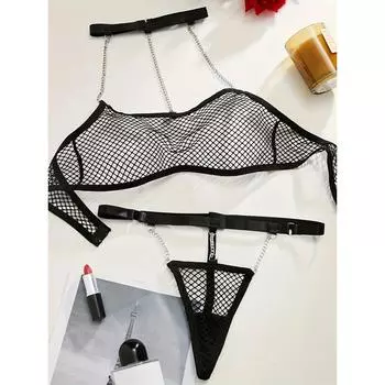 Комплект нижнего белья Chain Linked Mesh Semi-Sheer, бюстгальтер с открытой бретелью через шею и стринги, женское сексуальное нижнее белье S