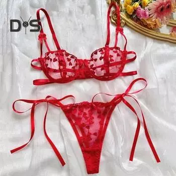 Комплект нижнего белья из 2 предметов: бюстгальтер и трусики, прозрачный, кружевной, с вышивкой в виде сердца, однотонный, с регулируемым ремешком, тонкий, мягкий, с высокой талией, для первой брачной ночи или медового месяца L розы красного