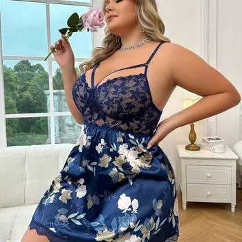 Комплект нижнего белья из 2 предметов с цветочным принтом и кружевной строчкой на бретельках Babydoll и стринги больших размеров - комплекты сексуального нижнего белья больших размеров 1XL темно-голубой