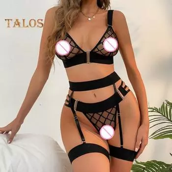 Комплект нижнего белья из 3 предметов: бюстгальтер, трусики, сетчатый, с несколькими бретельками, с тонкой высокой талией, для брачной ночи, медового месяца, Дня святого Валентина M