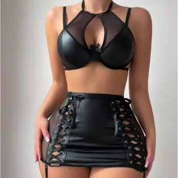 Комплект нижнего белья из черной сетчатой кожи с сексуальными бретельками в европейском и американском стиле Extra Large