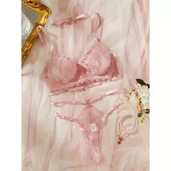 Комплект нижнего белья из цветочного кружева, сетчатый бюстгальтер без подкладки и стринги с сердечком, сексуальное женское нижнее белье S