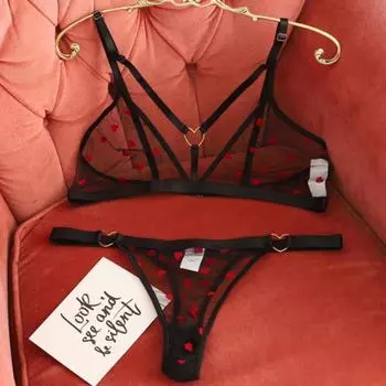 Комплект нижнего белья из прозрачной сетки в форме сердца: Ультратонкие, сексуальные, полуночное искушение, без косточек, трехточечная застежка. 1XL