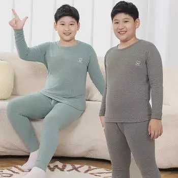 Комплект нижнего белья из шерсти и шелка для детей больших размеров на осень и зиму: Теплые рубашки и брюки для подростков Size 140 (Recommended height ~130 cm)