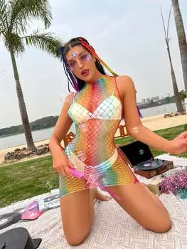 Комплект нижнего белья Rainbow Color Hollow Out, топ и юбка, сексуальное женское нижнее белье One Size