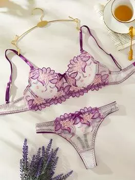 Комплект нижнего белья с цветочной вышивкой, сетчатый бюстгальтер без подкладки и стринги, женское сексуальное нижнее белье L фиолетовый