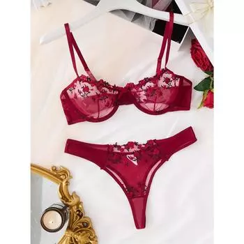 Комплект нижнего белья с цветочной вышивкой, прозрачный бюстгальтер без подкладки с бантом и сетчатые стринги, женское сексуальное нижнее белье S красный