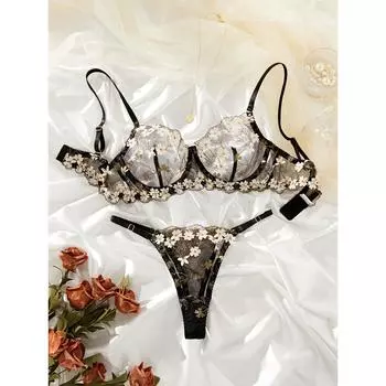 Комплект нижнего белья с цветочной вышивкой, бюстгальтер и стринги, женское сексуальное нижнее белье S