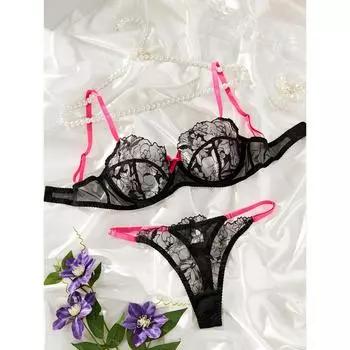 Комплект нижнего белья с цветочным кружевом и полупрозрачным бантом, бюстгальтер и стринги, женское сексуальное нижнее белье S чёрный