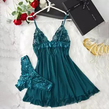 Комплект нижнего белья с контрастной кружевной оборкой, платье-комбинация с глубоким V-образным вырезом и стринги, женское сексуальное нижнее белье S фиолетовый