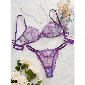Комплект нижнего белья с кружевной вышивкой, прозрачный бюстгальтер без подкладки и сетчатые стринги, женское сексуальное нижнее белье S фиолетовый