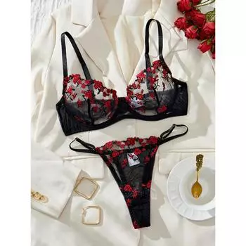 Комплект нижнего белья с тонкими бретельками, нижнее белье, бюстгальтер и трусики, женская сексуальная одежда S чёрный