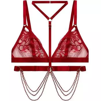 Комплект нижнего белья с вышитым знаком зодиака «Красная роза»: Треугольные стринги, воротник-стойка, бюстгальтер (72109) L