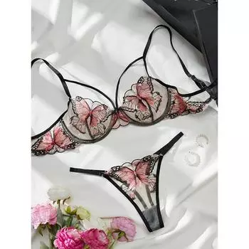 Комплект нижнего белья с вышивкой в виде бабочки, бюстгальтер с глубоким вырезом и стринги, сексуальное женское нижнее белье S