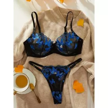 Комплект нижнего белья с вышивкой в виде банта, сетчатый бюстгальтер без подкладки и стринги, женское сексуальное нижнее белье XL