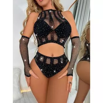 Комплект нижнего белья в сеточку со стразами и 1 парой перчаток без подкладки One size