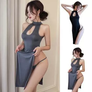 Комплект ночных рубашек и трусиков из 2 шт./компл., комплект с глубоким вырезом, без рукавов, с открытой спиной, однотонный цвет, Qipao, стиль, косплей, стринги, ночная рубашка, комплект