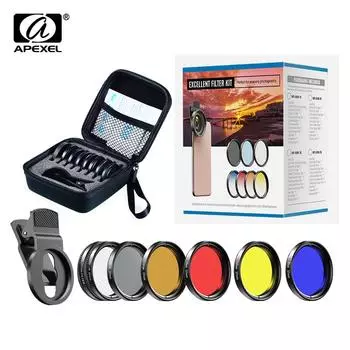 Комплект объективов APEXEL 7 в 1 шириной 0,45x + полный УФ-фильтр 52 мм и шириной 0,45x + фильтр 37 мм + фильтры CPL ND + Star для всех телефонов IPhone APL-37UV-7Full