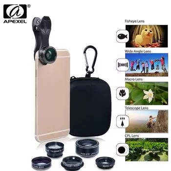Комплект объективов для камеры APEXEL 5 в 1 HD: объектив «рыбий глаз» + широкоугольный объектив 0,63x + макрообъектив 15x + телеобъектив 2X + объектив CPL для IPhone Samsung DG5 чёрный