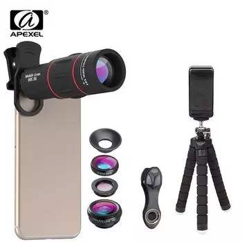 Комплект объективов для телефона APEXEL, широкоугольный макрообъектив «рыбий глаз» 18X, телеобъектив с объективом 4 в 1 для всех смартфонов Samsung, Huawei