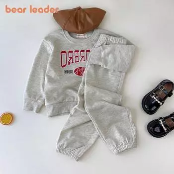 Комплект одежды Bear Leader Autumn для девочек, серый топ с длинными рукавами и вышитыми буквами + однотонные брюки, комплект из двух предметов, повседневная одежда для детей 3-7 лет TZ218 3Y