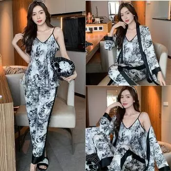 Комплект одежды для беременных женщин, осенний, ледяной, снежный, шелковый, из трех предметов, пижама с рисунком тушью, халат, длинные брюки, комплект домашней одежды M чёрный