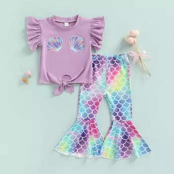 Комплект одежды для девочек 1 года, 2 лет, 3 лет, 4 лет, 5 лет, 6 лет, укороченный топ с рукавами-крылышками и расклешенными брюками с принтом рыбьей чешуи 2-3 Years фиолетовый