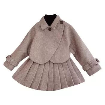 Комплект одежды для девочек, детский комплект из двух предметов, комплект с шерстяной юбкой, стильный 100 хаки