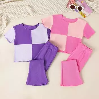 Комплект одежды для девочек Детский топ с короткими рукавами и длинные брюки Детский комплект из двух предметов 4-5T фиолетовый
