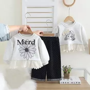 Комплект одежды для девочек из 2 предметов в корейском стиле с мультяшным принтом, кружевной пуловер, свитер + штаны, детские спортивные костюмы для малышей, детский костюм 80
