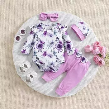 Комплект одежды для девочек из 4 предметов: боди с длинными рукавами и цветочным принтом, повязка на голову, повседневные штаны с бантом и шапочка 9-12M