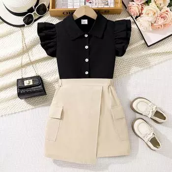 Комплект одежды для девочек, летний детский комплект из двух предметов: юбка-карго с карманами и короткими рукавами 130cm=8Y чёрный