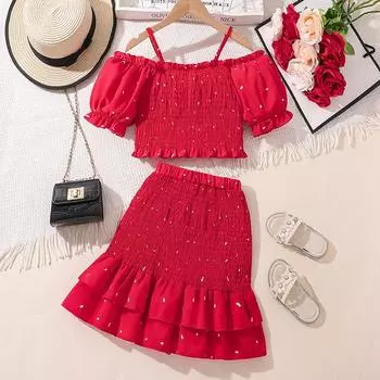 Комплект одежды для девочек, летний детский топ с одной линией плеча, короткими рукавами, юбка с оборками на ягодицах, два комплекта 130cm=8Y красный
