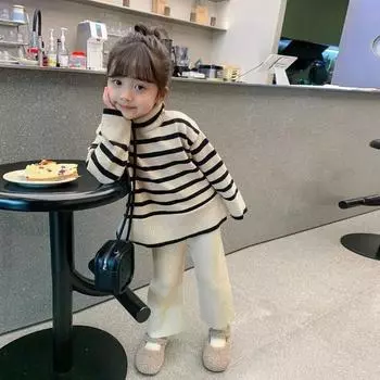 Комплект одежды для девочек на осень и зиму, детский свитер, штаны, комплект из двух предметов, детский свитер с высоким воротом 140cm