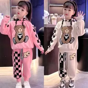 Комплект одежды для девочек на весну и осень, толстовки с капюшоном и штаны с рисунком медведя из мультфильма, комплект из 2 предметов для детей 170cm розовый