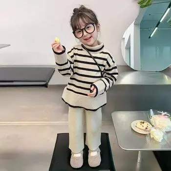 Комплект одежды для девочек осень-зима, свитер с высоким воротом, детский однотонный трикотажный свитер с длинными рукавами, свитер, штаны, комплект из двух предметов 140cm бежевый