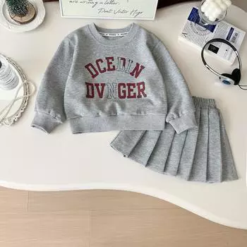 Комплект одежды для девочек осень-зима, толстовки с капюшоном, футболка, плиссированная юбка, спортивный костюм 140cm серый