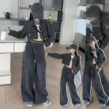 Комплект одежды для девочек-подростков, модная джинсовая куртка, джинсы, комплект из 2 предметов, одежда для матери и дочери, детская одежда 6, 8, 12, 13 лет 170
