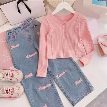 Комплект одежды для девочек весна-осень, однотонный топ с круглым вырезом и длинными рукавами, широкие джинсы с буквенным принтом, комплект из двух предметов для детей 160cm розовый