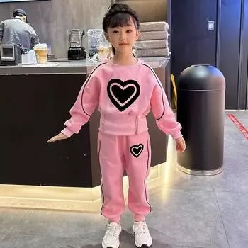 Комплект одежды для девочек весна-осень, толстовки с рисунком из мультфильмов, толстовка + штаны, комплект из 2 предметов, костюм для детей 2-8 лет 160 абрикосовый