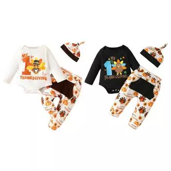 Комплект одежды для Дня благодарения с принтом тыквы для младенцев, комбинезон с длинными рукавами, топ, штаны и шапка, 3 шт. 12-18M