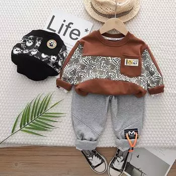 Комплект одежды для мальчиков 0-5 лет на весну и осень. Новый модный и персонализированный детский комплект с капюшоном, повседневный комплект из двух предметов с длинными рукавами и длинными штанами. S коричневый