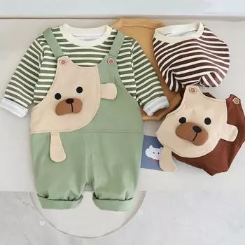 Комплект одежды для мальчиков и девочек из 2 предметов: хлопковые полосатые топы + свободные штаны с подтяжками с рисунком из мультфильма, костюм для малышей, одежда для мальчиков, весна-осень 80 коричневый