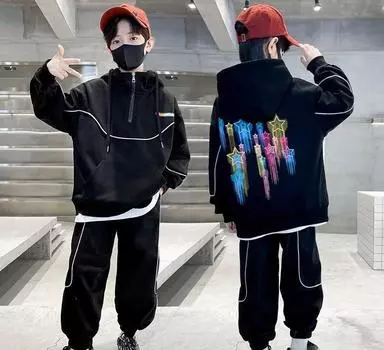 Комплект одежды для мальчиков-подростков, детские толстовки с капюшоном для девочек, топ и брюки, наряд с ярким звездным принтом, спортивный костюм из 2 предметов с капюшоном 170 чёрный